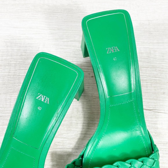 ZARA Kelly Green Open Toe Heels Slides Double Braided Strap 3 Inch Heel Sz UK 40 - Picture 5 of 8